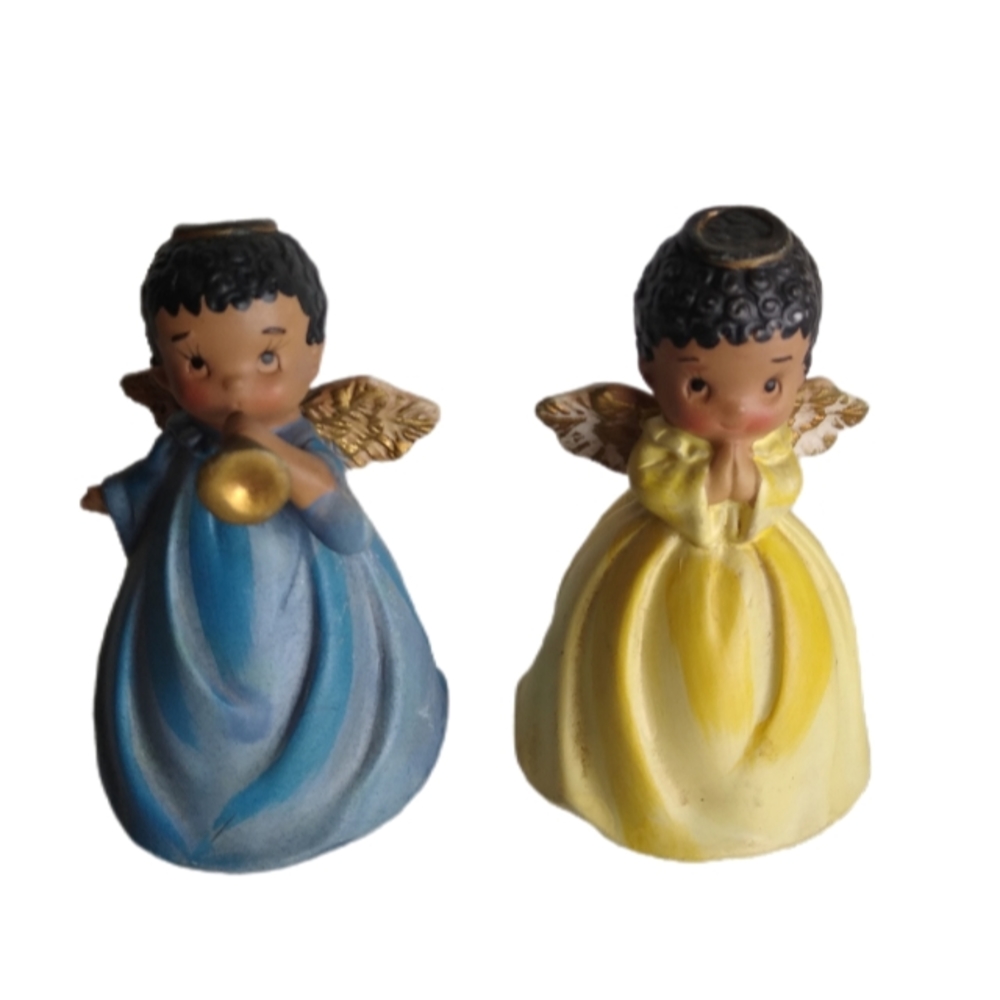 Vintage Dark  Skinned Angel Figurine 3.5" H  Boy Girl Yellow Blue Gold Wings EUC